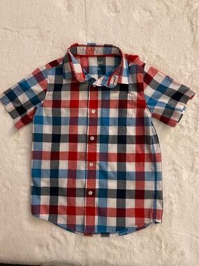 Cat & Jack Short -Sleeve Plaid Button-Up Shirt - Red/Blue/Black SZ 6-7
